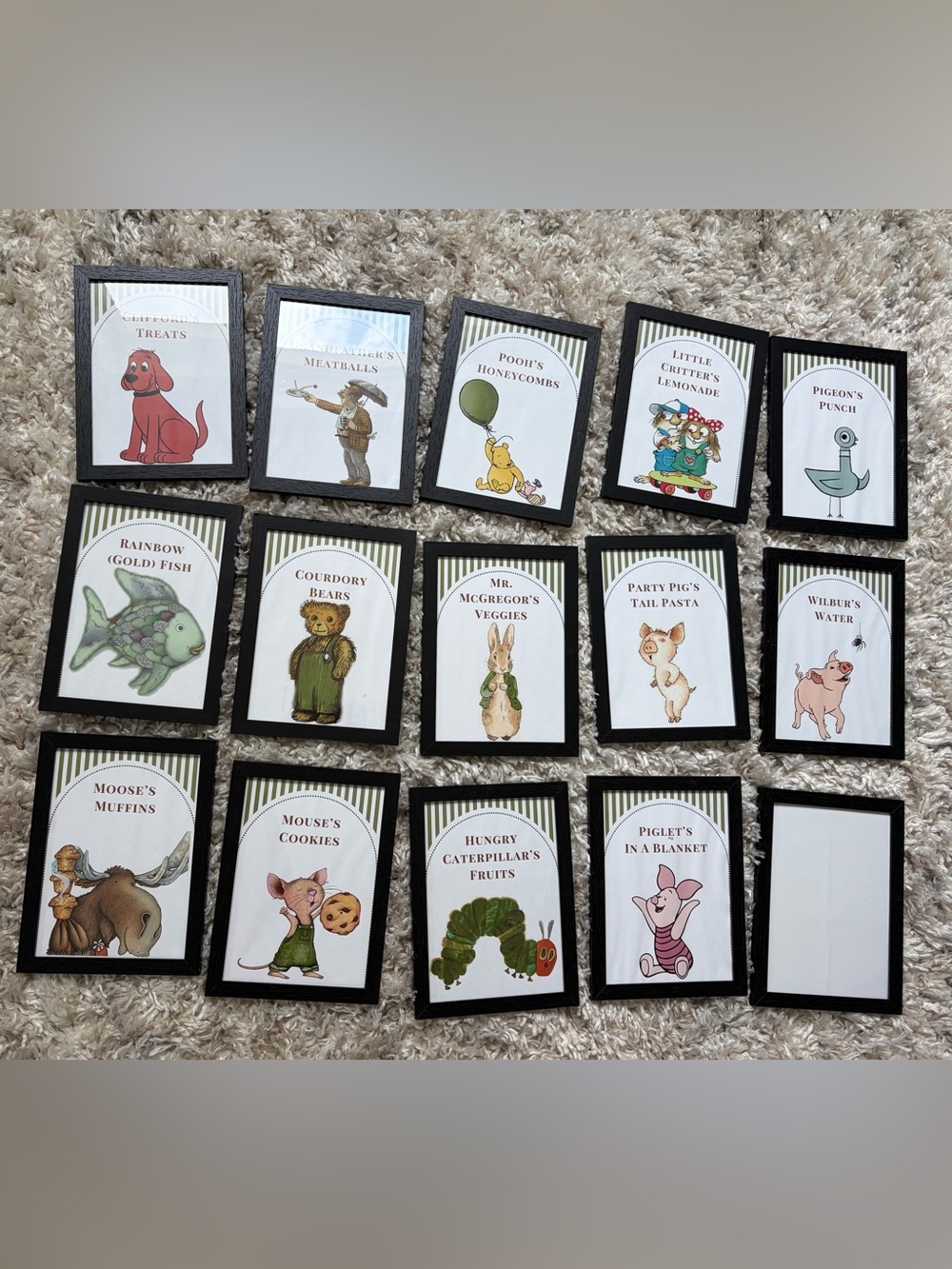Children’s 1st Birthday Decor: food frames, banner, balloon, candle, crown, etc.